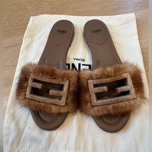 Fendi Brown Baguette Mink Fur Slide Sandals size 37